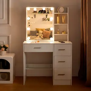 Small Vanity Makeup Desk with LED Lighted Makeup Mirror and 4 Drawers Storage ,White Dresser Dressing Table For Bedroom
