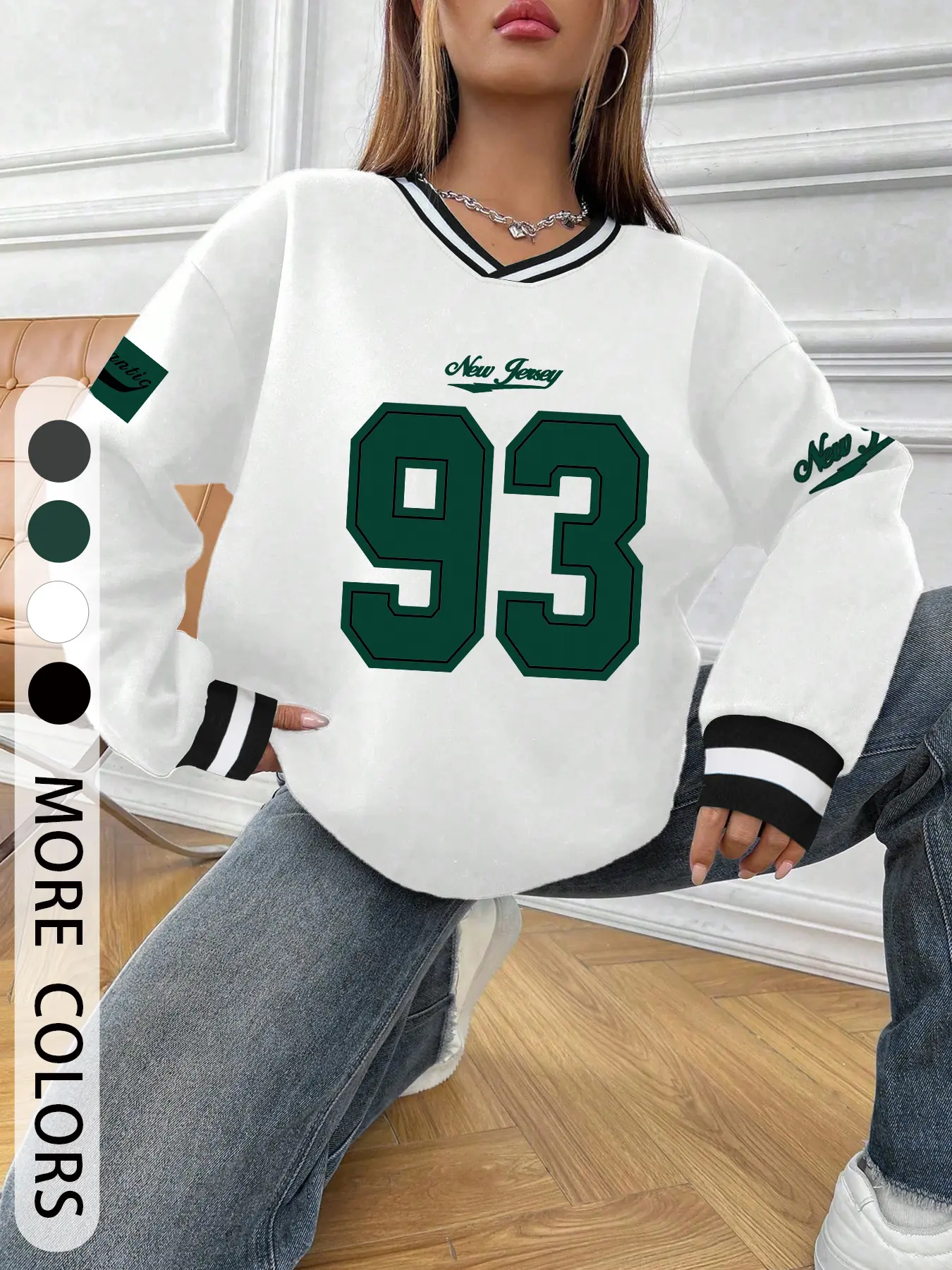 Women's Casual Fitted Patchwork V-Neck Long Sleeve Sweatshirt, Lady, Womenswear, Number 93 Print, Striped Cuffs and Hem, Fall & Winter Comfortable Top, Perfect for Leisure Outings, Casual Cozy Sweatshirt