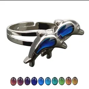 Double Dolphin Color Changing Mood Ring with Adjustable Band and Color Charts
