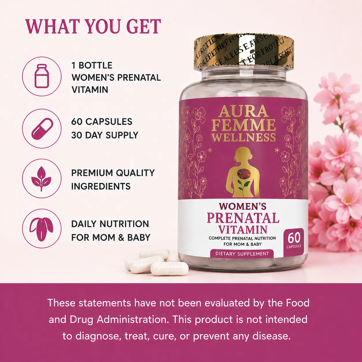 Aura Femme Women's Prenatal Vitamin | Complete Prenatal Formula with DHA, Folate & Iron | 60 Vegan Capsules