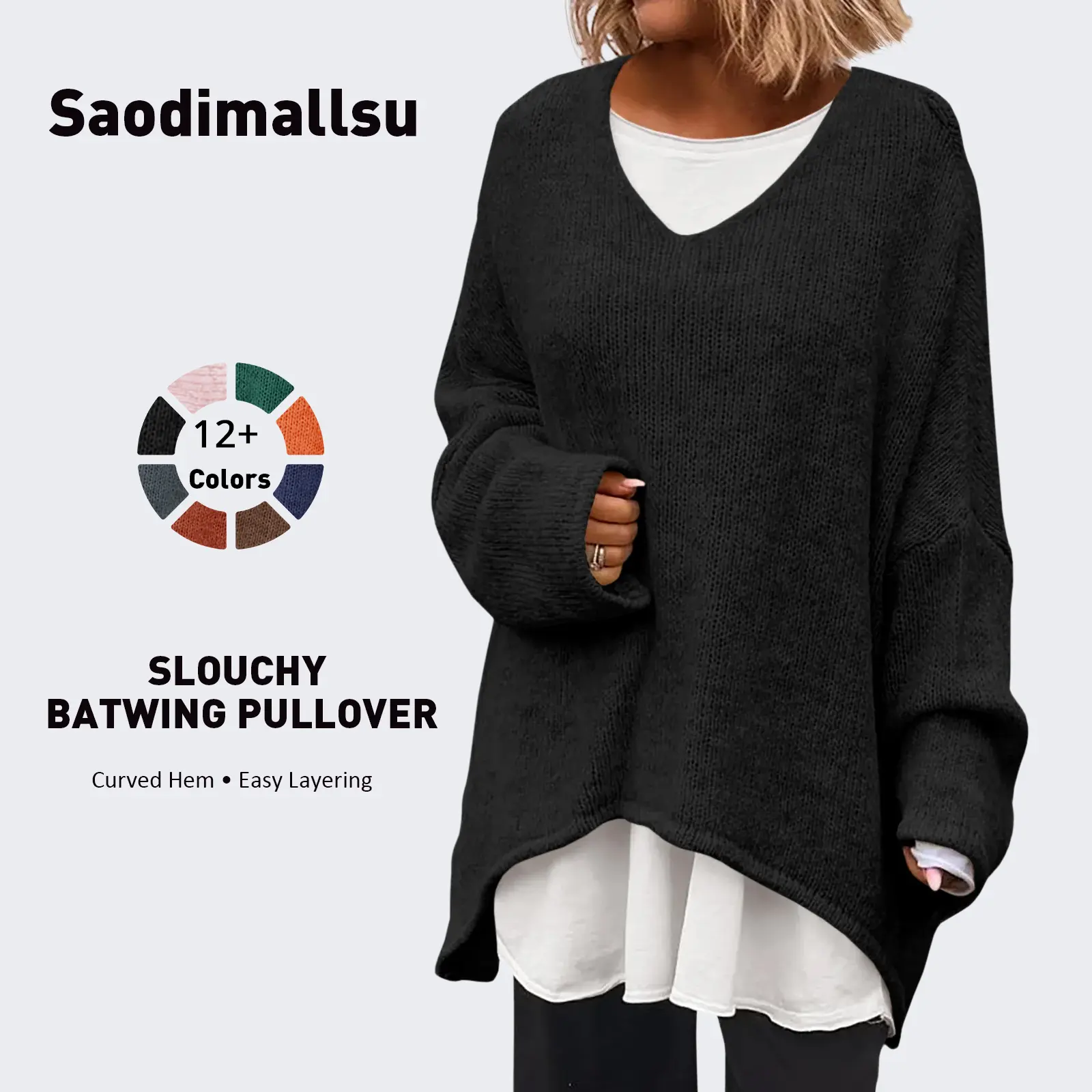 Saodimallsu Women's Oversized V-Neck Casual Long-Sleeve Knitwear Batwing Slouchy Pullover Sweater Tops for Fall, Fabric, Longsleeves, Basic, Lightweight, Loose-Fit, Polyester, Machine Wash, Medium Length, Oversize Cut, Polyester Mix