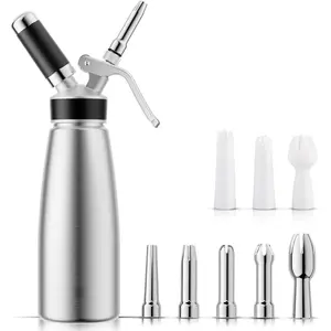 Professional  Whipped Cream Dispenser - 500 mL/1 Pint,Leak-Free Whipped Cream Maker Canister with 8 Decorating Nozzles & Cleaning Brush - N2O Chargers (Not Included) (, 500ml)