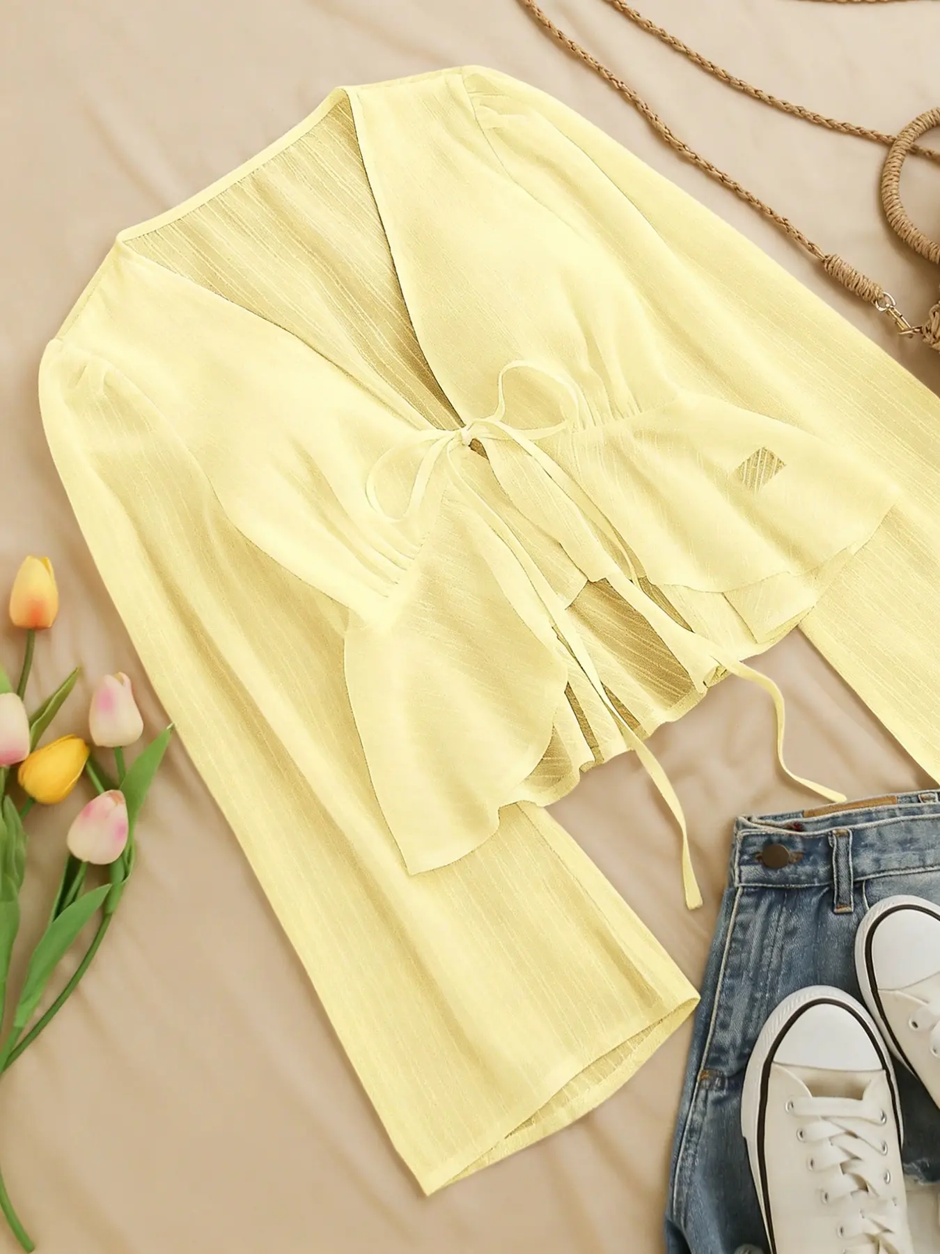A women's casual solid yellow loose-fitting slimming Long sleeve Vneck Blouse, Shirts top, a basic piece for layering or wearing as an inner or outer garment, suitable for all seasons and ideal for home, outdoor outfits, Blouses Shirts Tops