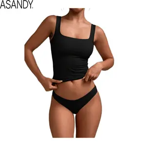 Women Solid Color Square Neck Sleeveless Tank Top Slim Fit Stretch Casual Yoga Workout Activewear Black Spring Summer