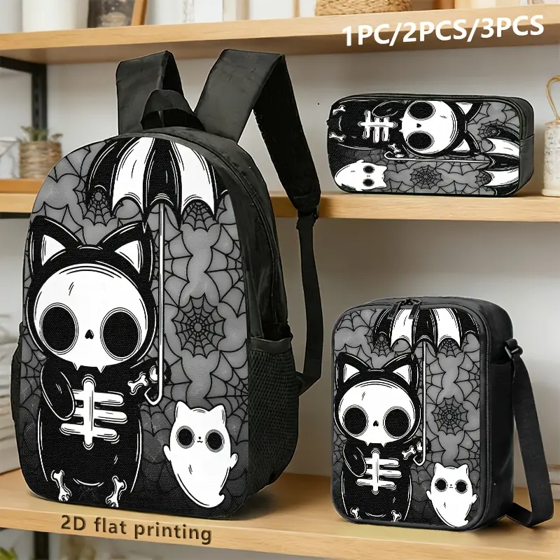 Gothic Backpack Set, 3-Piece Synthetic Polyester Bag with Skeleton Cat Print for Teens, Includes Insulated Lunch Box & Pencil Case for Back to School, Back To School Haul, Spooky, 3Pcs, School Supplies