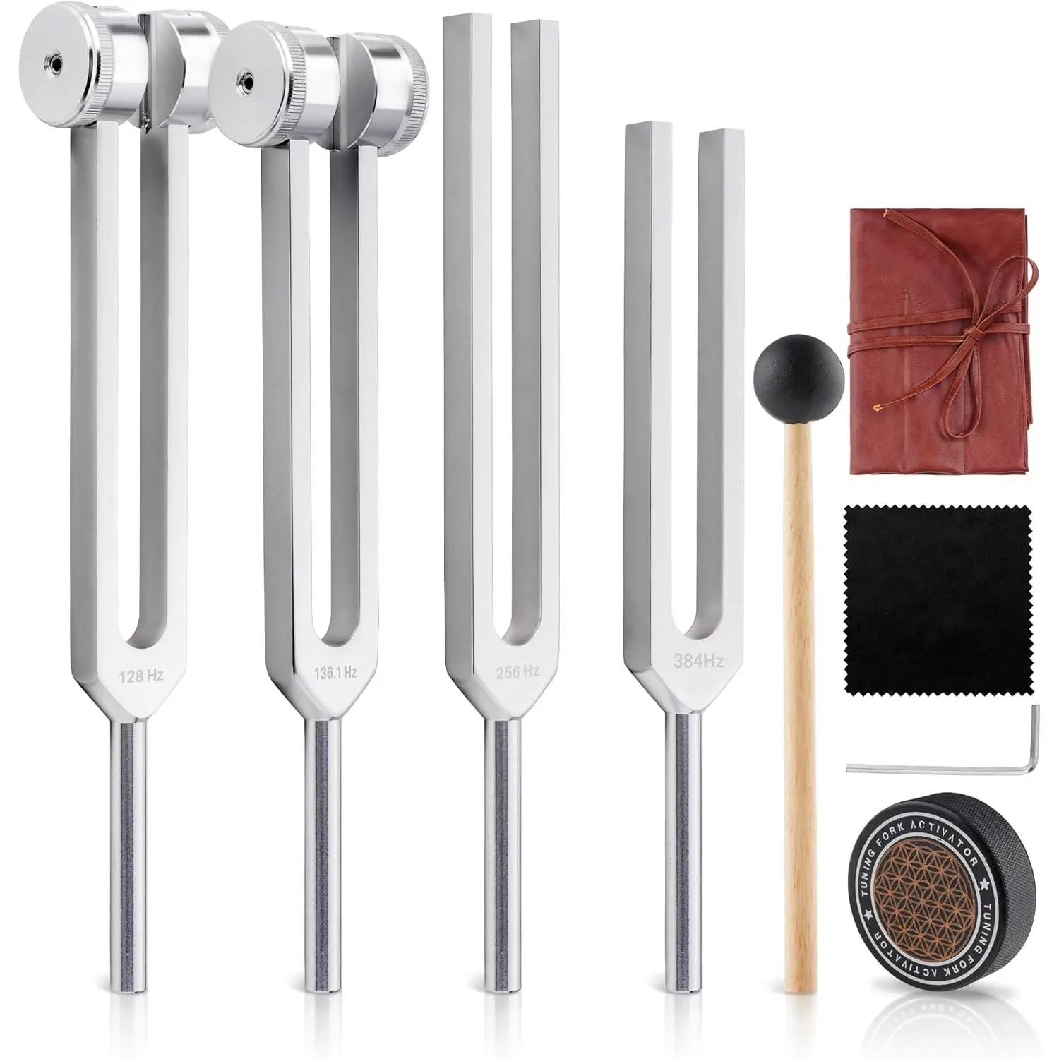 Tuning Fork Set with Weighted & Unweighted Metal Forks - 128Hz, 136.1Hz, 256Hz & 384Hz - Complete Sound Tools Kit with Activator & Pouch for Healing, Tuning Forks, Meditation