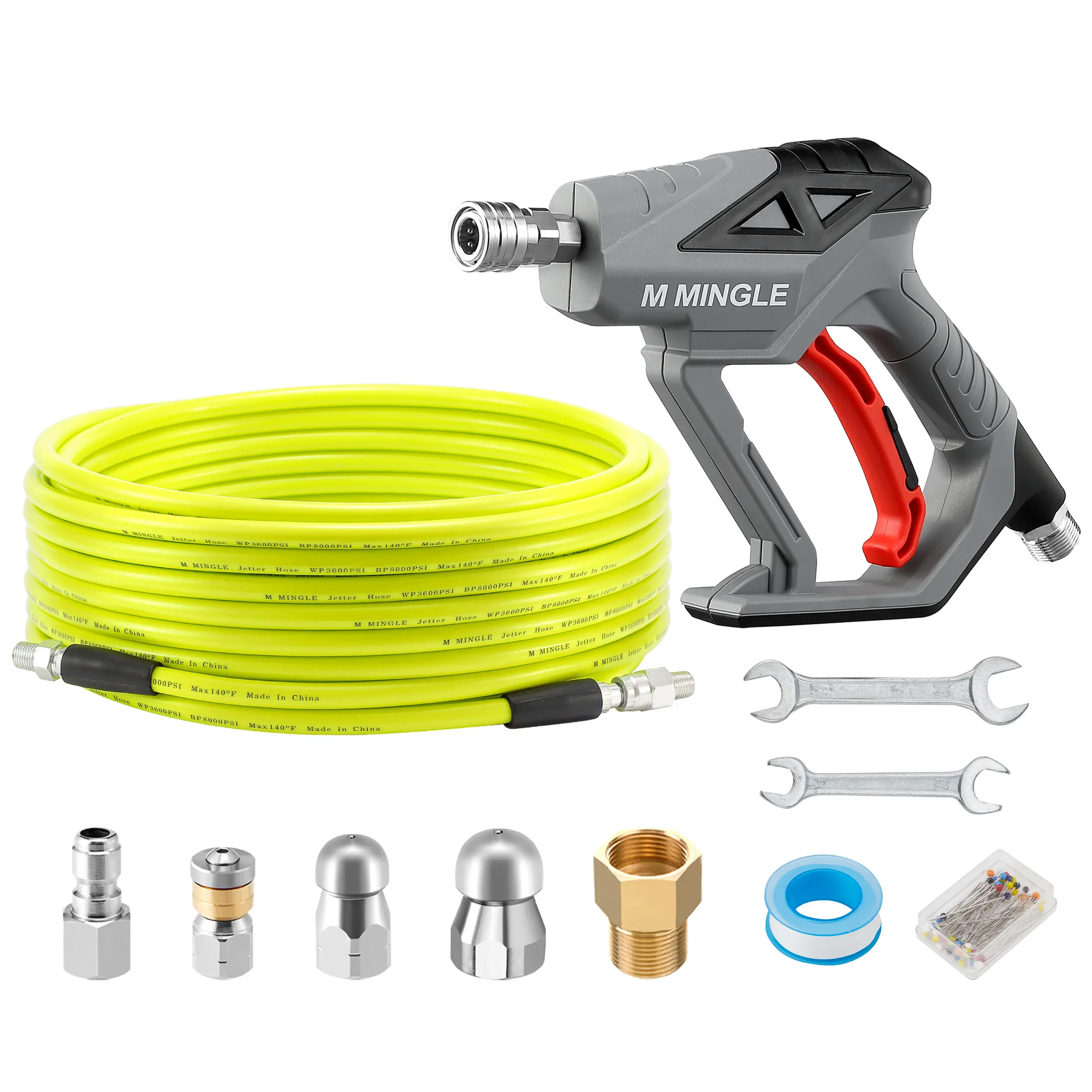 M MINGLE Pressure Washer Sewer Jetter Quick Connect Full Kit - 50 FT Drain Cleaner Hose, Wand, 1/4 in NPT 3 Specialized Cleaning Nozzles (4.0,4.5 Orifices), Adjustable Water Pressure, Can Operate Independently (Father's Day Gift), Adapter Set, None