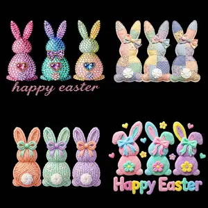 4pcs/set Happy Easter DTF Transfer Stickers 4 Unique Bunny Styles Imitation Diamond Knit Patch Effects for T-Shirts Bags Fabric Decor