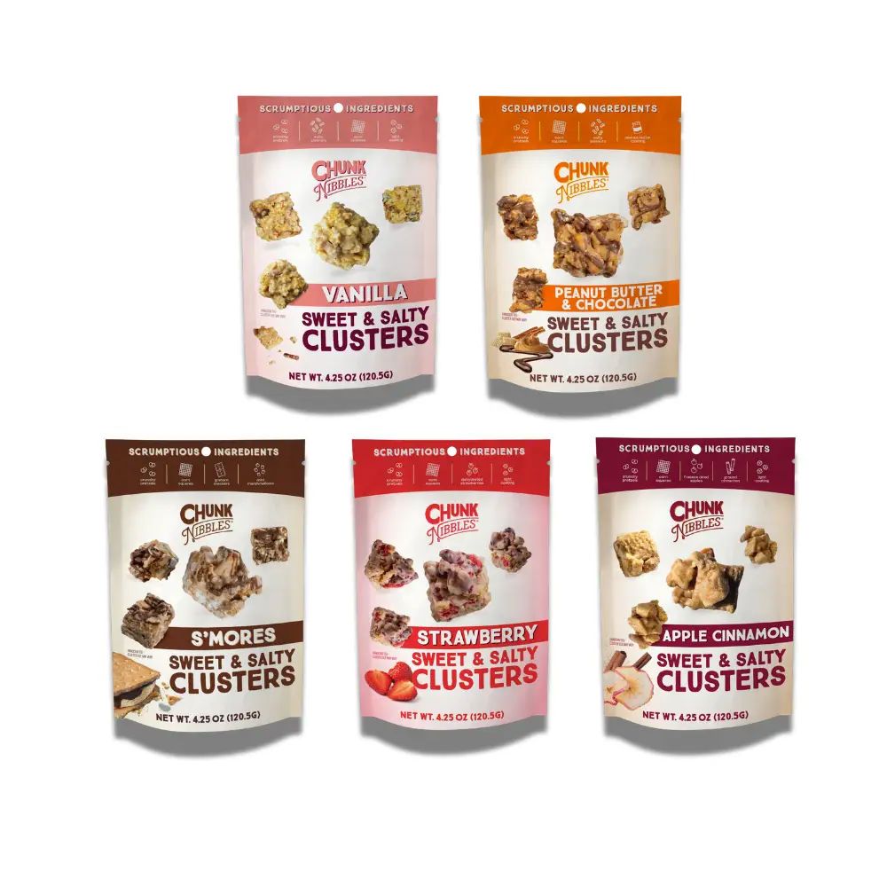 Chunk Nibbles Snack Clusters Snack Bundle | 5 Unique Flavors - Peanut Butter Chocolate, S'mores, Vanilla, Apple Cinnamon, Strawberry | 4.25oz Bags | S