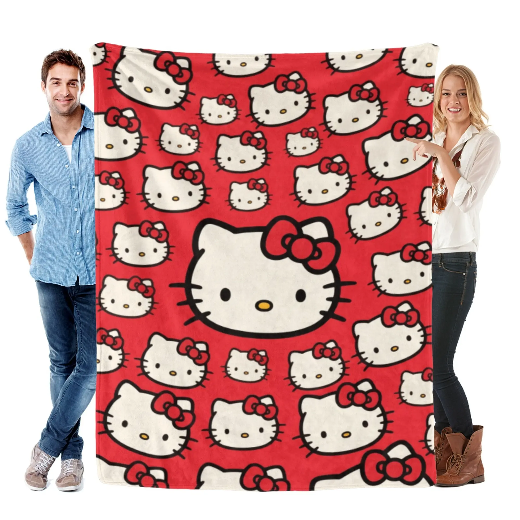 [SummerVibes] SANRIO CLASSIC Hello Kitty Soft Flannel Blanket, Vibrant Red 2D Print, Soft Cozy All-Season Multi-Use for Home, Office & Couch