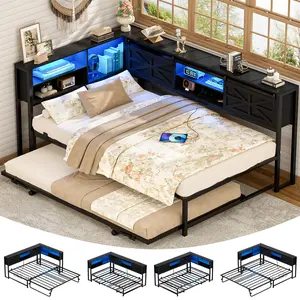 Farmhouse Corner Bed Frame with LED & Charging Station, Reversible Metal Twin Daybed with Trundle, Farmhouse Platform Bed Frame with Bookcase Storage for Bedroom, Living Room
