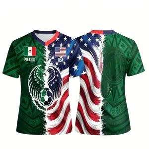 Mexico USA Split Soccer Jersey 2026, Mexican American Football Shirt, Aztec Calendar Fan Apparel, Dual Flag V-Neck Jersey