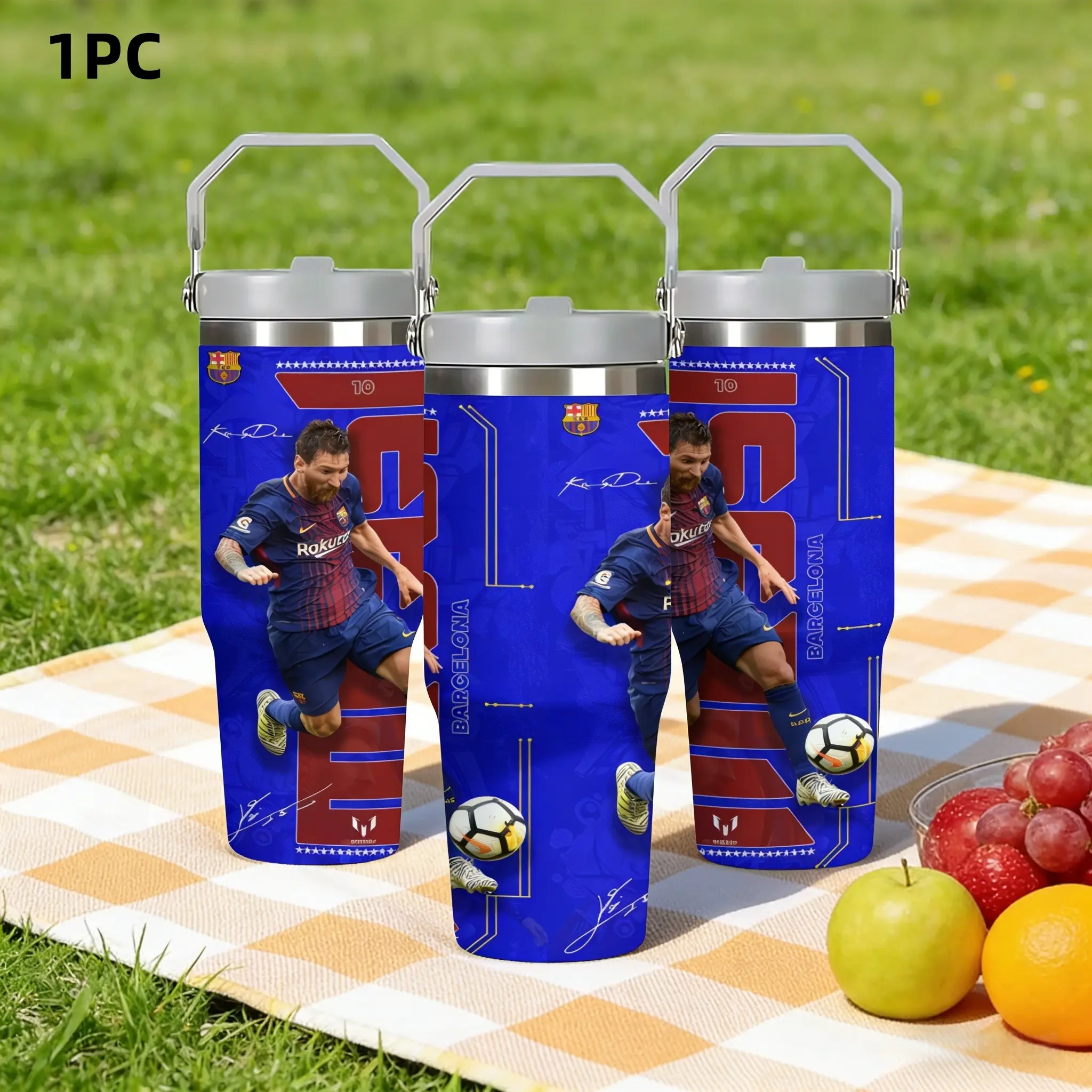 1pc 30oz Stainless Steel Insulated Water Bottle, Soccer Tumbler, must-have for football fans, featuring Messi's Barcelona number 10 red and blue color scheme, large capacity with handle and straw, suitable for outdoor, sports, and indoor use