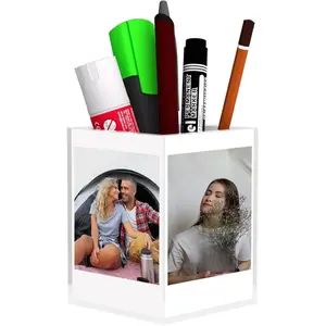 Frame for 2x3 Pictures, Instax Mini Frame, Small Acrylic Clear Desk Photo Cube 4-Sided Displays 3 in Sprocket Photos, with Pen Holder for Office Organizer