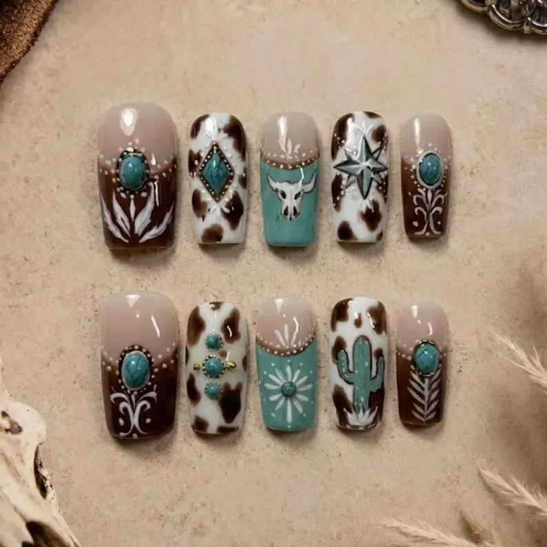 Handmade 3D Press-On Nails, Western Cowboy Theme Custom Medium Square False Nails with Cactus, Cow Print, Turquoise Accents