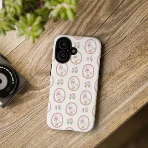 Pink framed goose feather pattern, durable and shock-absorbing glossy 2-in-1 phone case, suitable for iPhone 17 16 15 14 13 12 11 X, Samsung and other series models, can be given as a holiday gift to friends or home