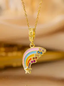 Gold Rainbow Meteor Necklace for Women Colorful Enamel & CZ Pendant with Star Accent Dainty Adjustable Chain Elegant Whimsical Jewelry