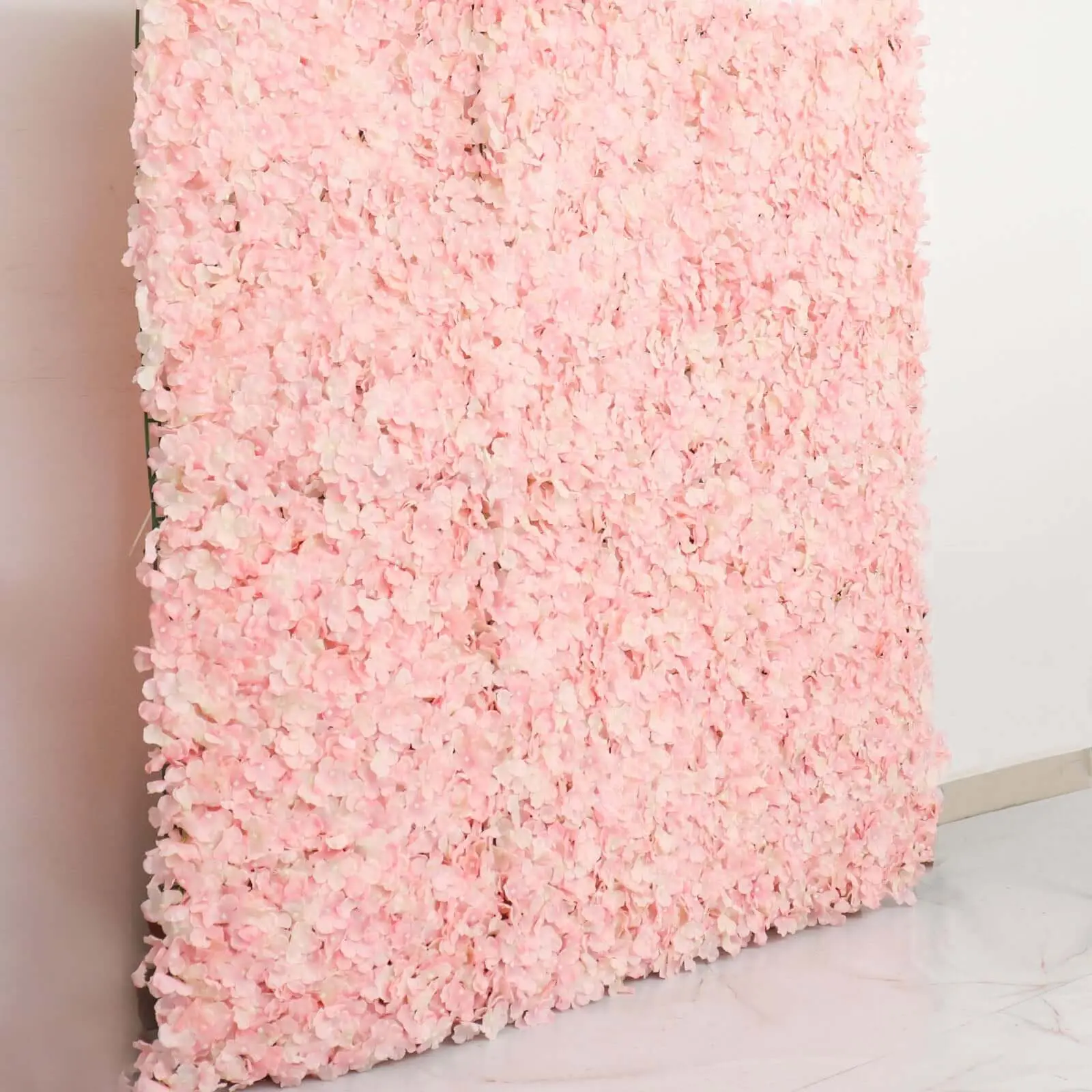 Blush Pink UV-Protected Synthetic Floral Hydrangea Wall Mat Backdrop - 11 Sq Ft, 4-Panel Event Backdrop, Garden & Home Party Decoration Supplies