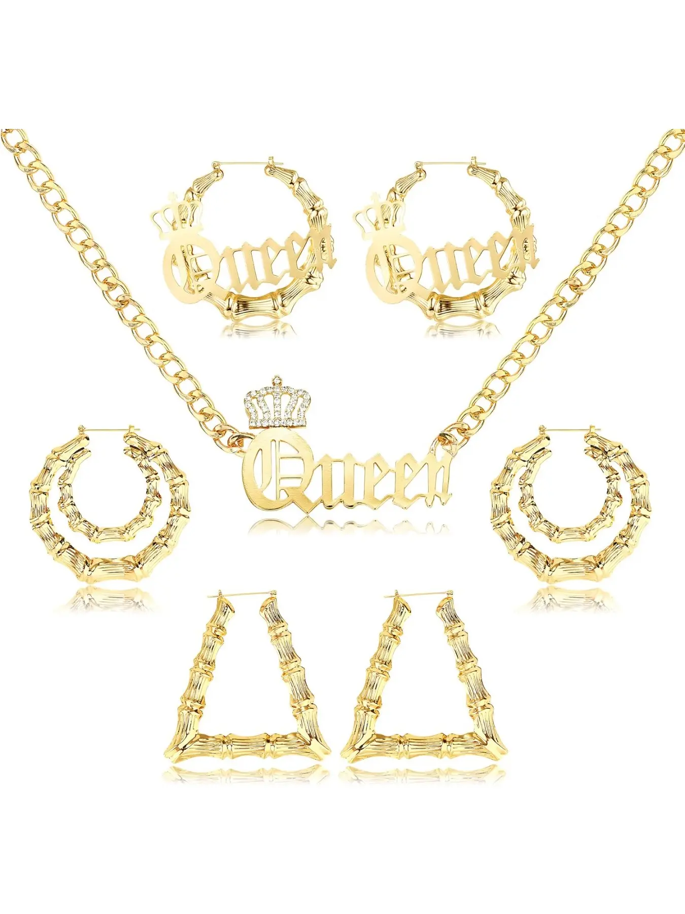 Hoop Earrings for Women 316L Stainless Steel Hypoallergenic Bamboo Hoop Earring Sets - Chunky Curb Chain Necklace, Vintage 80s/90s Punk Hip Hop Style Jewelry, Elegant Jewelry Set, Classic Fashionable Accessories, Trendy Jewelry Set