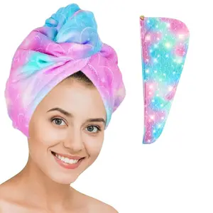 Hair Towel Wrap with Button, 1 Set Cute Cartoon Pattern Hair Drying Towel, Water Absorbent Hair Towel for Kids, Hair Turban Towel, Hair Wrap Towels