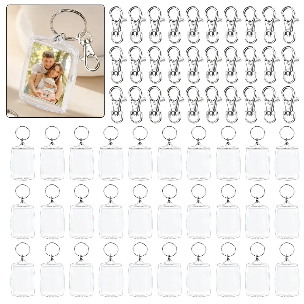 Pack of 30 Acrylic Photo Frame Keyring & 30Pcs Keychain Kit, 2.16 x 1.5 Inch/5.5 x 4 cm Personalized Keychains, Clear Picture Keychain as Gift, Suit for Artwork