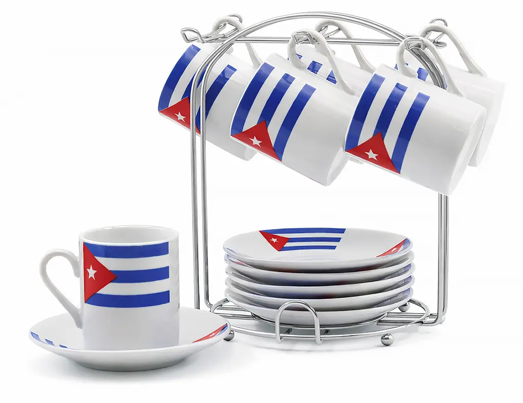 Espresso Coffee Set Cuban Flag engraved– 13 Pices (3 oz) White Porcelain Cup & Saucer Set with Chrome Stand