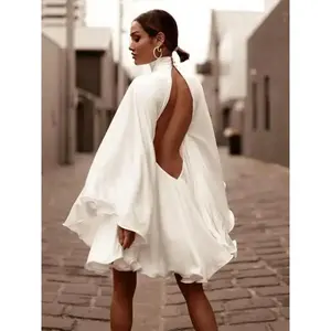 Women's White Turtleneck Long Ruffled Sleeves Backless Dress 2025 Summer Spring New Elegant Party Mini Dress Woman