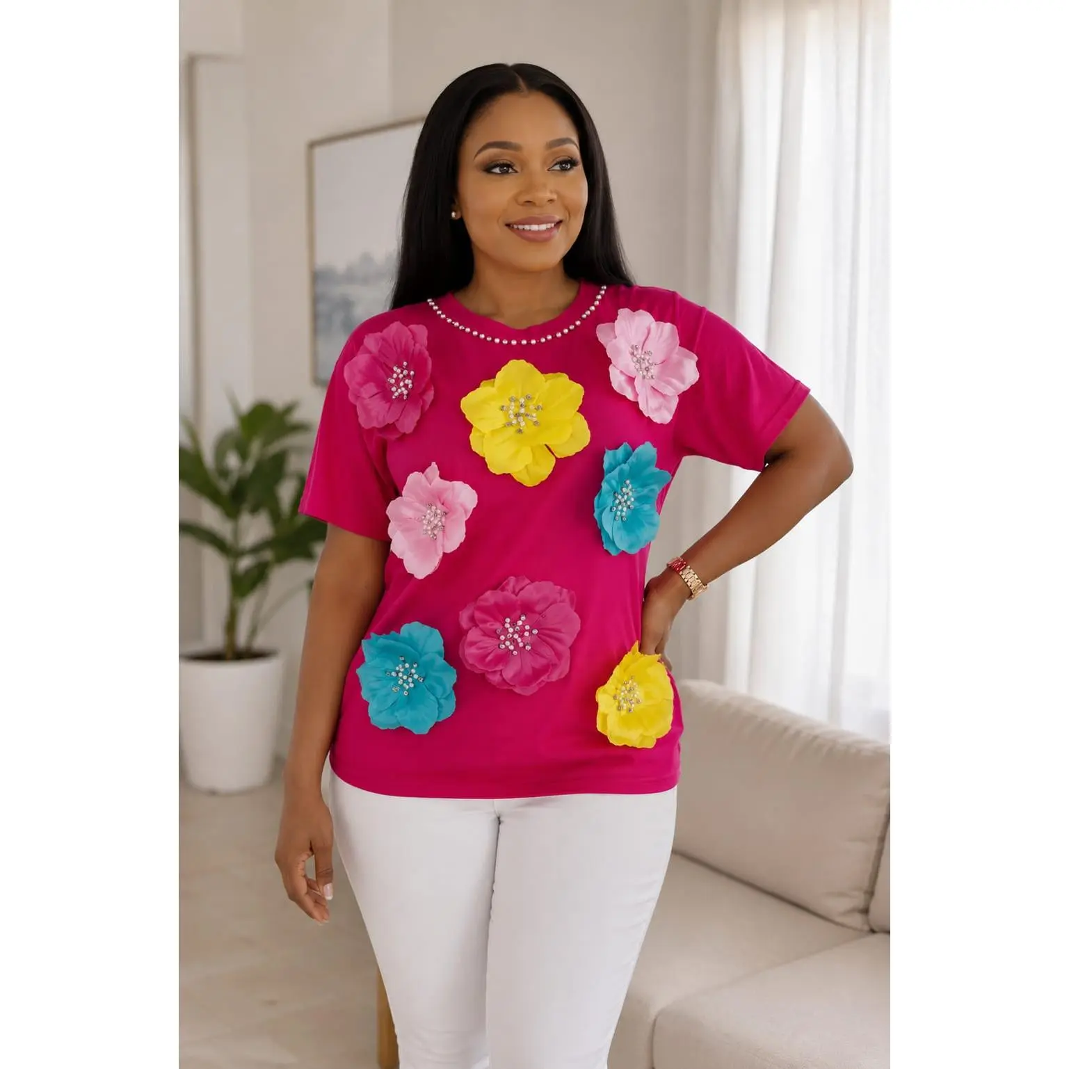 Orange Floral Appliqué T-Shirt