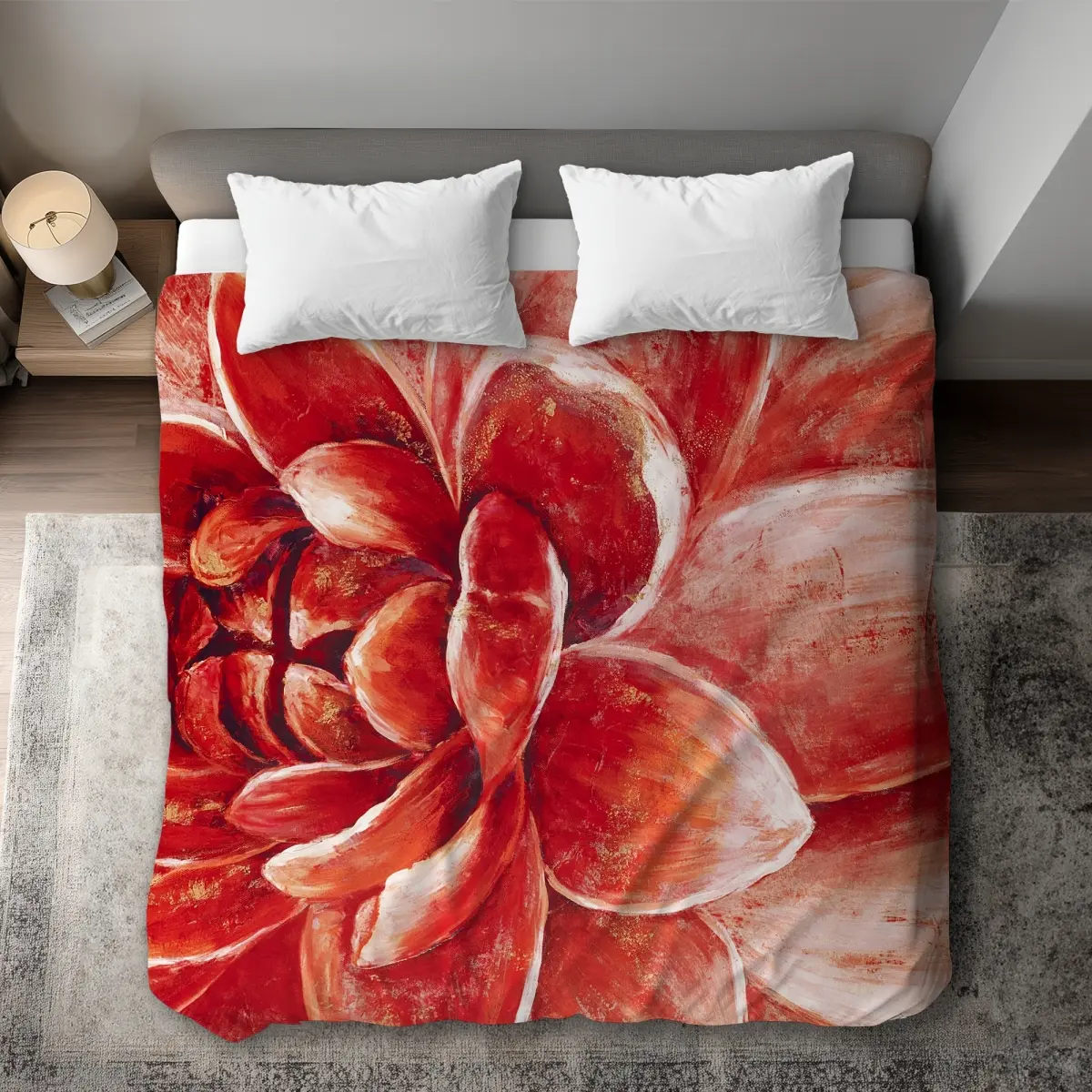 360 Stand King Size Duvet Cover - Chrysanthemum Print, Microfiber Face, Soft Texture, Contemporary Home Decor Bedding Textile Soft Furnishing Accessory, Microfiber Duvet Covers, Red Duvet Covers
