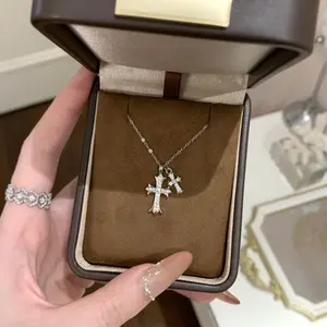 S925 Silver Double Cross Necklace Pave Zircon Pendant