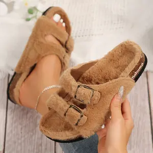 Women's Fluff Slippers Arch Support Ladies Fashion Open Toe Faux Sliders Womens House Slipper