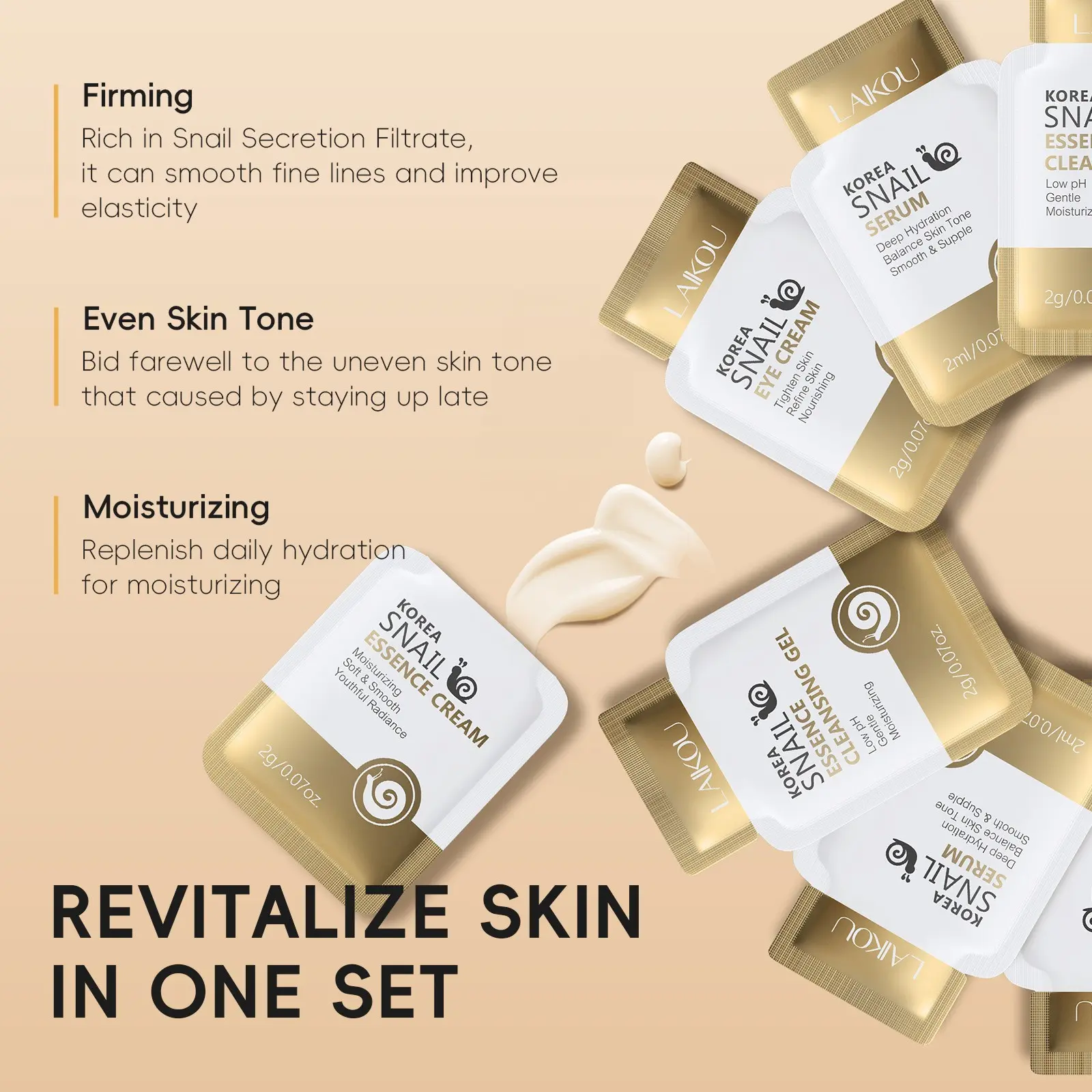 Snail Mucus Facial Skincare Set 4-Piece, Cleanser + Eye Cream + Serum + Moisturizer, 2ML Per Pack, Hydrating & Anti-Wrinkle, Travel Size, Snail Mucin Complete Skincare Routine, Moisturizing Kit