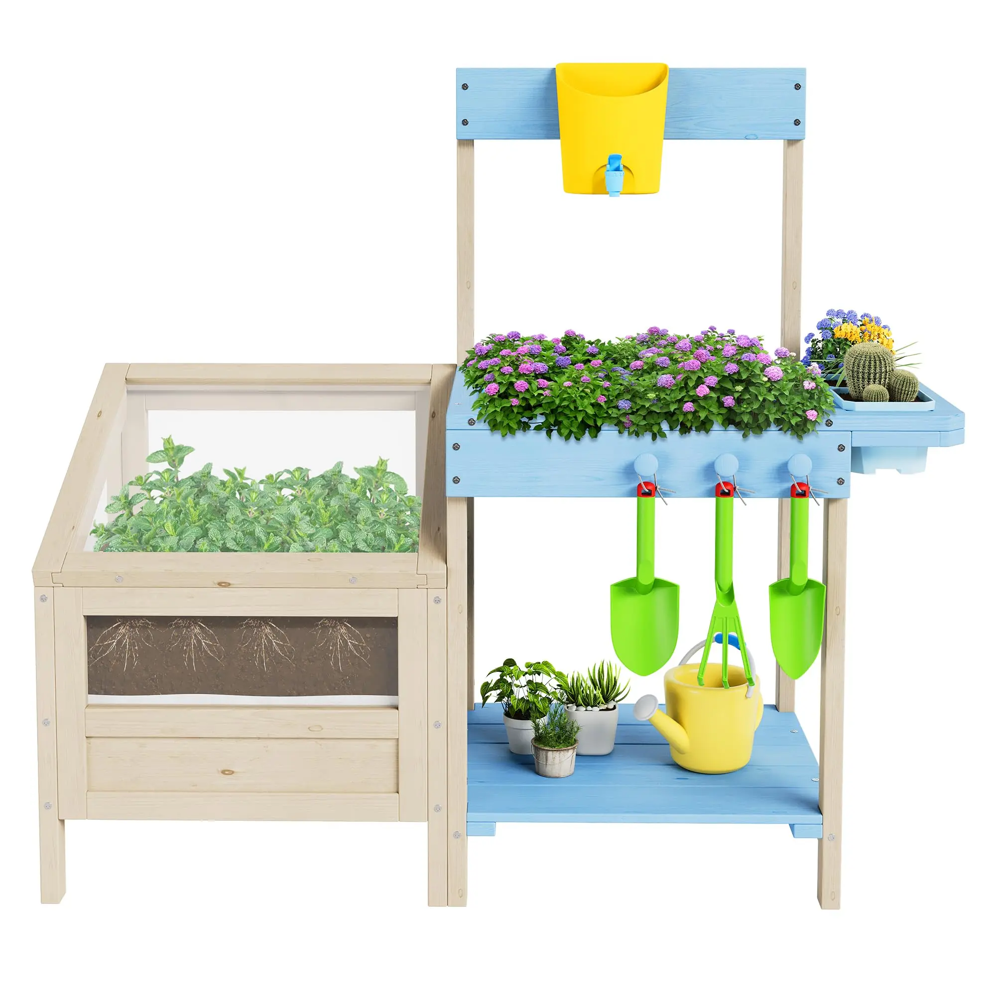 Outdoor Wooden Mud Kitchen Playset for Kids Ages 3+ – Includes Potting Bench with Garden Bed, Clear Planter Box, Removable Sink & Faucet, Gardening Tools & Storage Shelf