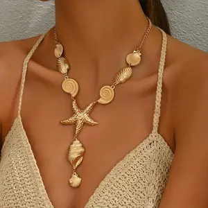 1pc Summer Ocean Vacation Style Women's Y-Shaped Necklaces, New Creative Bohemian Starfish, Seashells, Seashells And Other Marine Creatures Series Pendants, Collarbone Necklaces, Beach Vacation Holiday Gifts For Friends, The Best Gift And Perfe