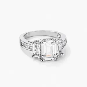 Rectangle Cut Triplet Engagement Ring - Elegant Design with Center and Side Stones, Comfortable Band for Special Occasions
