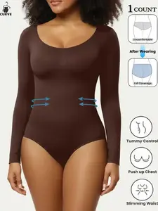Women's Plus Size Ribbed Elastic Abdominal Control Bodysuit, Long Sleeve Round Neck, Sporty Style, Fall & Winter, Seamless Comfort Fit