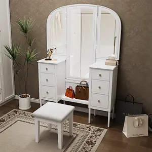 White Makeup Vanity Desk Set w/Triple Mirror & 6 Drawers, Full-Length Mirror, Upholstered Stool for Bedroom, Dressing Room (48.1" Center Mirror)