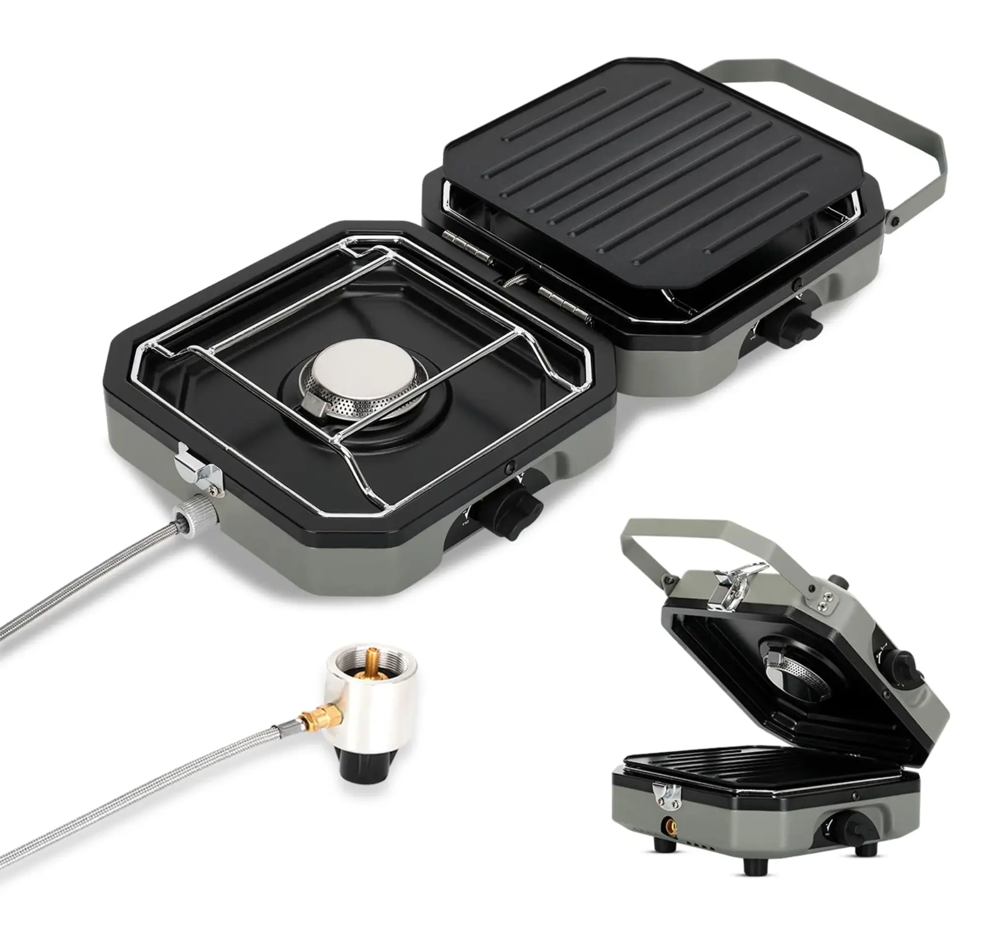 Dual-burner portable folding propane gas stove, 16000 BTU, two adjustable burners, with easy-to-carry handle, ideal for outdoor camping backpacks.
