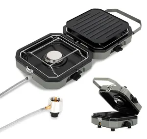 Dual-burner portable folding propane gas stove, 16000 BTU, two adjustable burners, with easy-to-carry handle, ideal for outdoor camping backpacks.