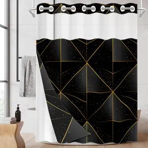 1pc hookless shower curtain with buckle lining, black and gold geometric triangular patchwork design, 2D flat printing, fabric waterproof lining, see-through double-layer shower curtain, 71 x 74 inches, modern home draping curtain, Shower Curtain Liner