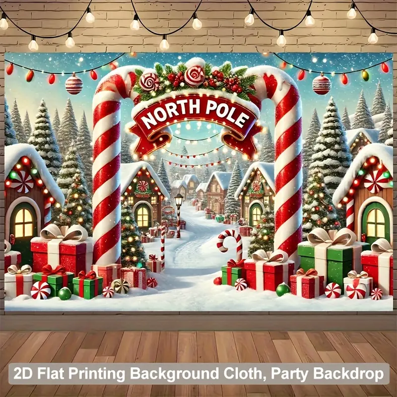1pc North Pole Christmas Scene Polyester Backdrop Cloth Banner - 2D Flat Printing, Snowy Village, Candy Cane Arches, Gift Boxes - Party Decoration Supplies for Living Room, Outdoor Use, One-Piece