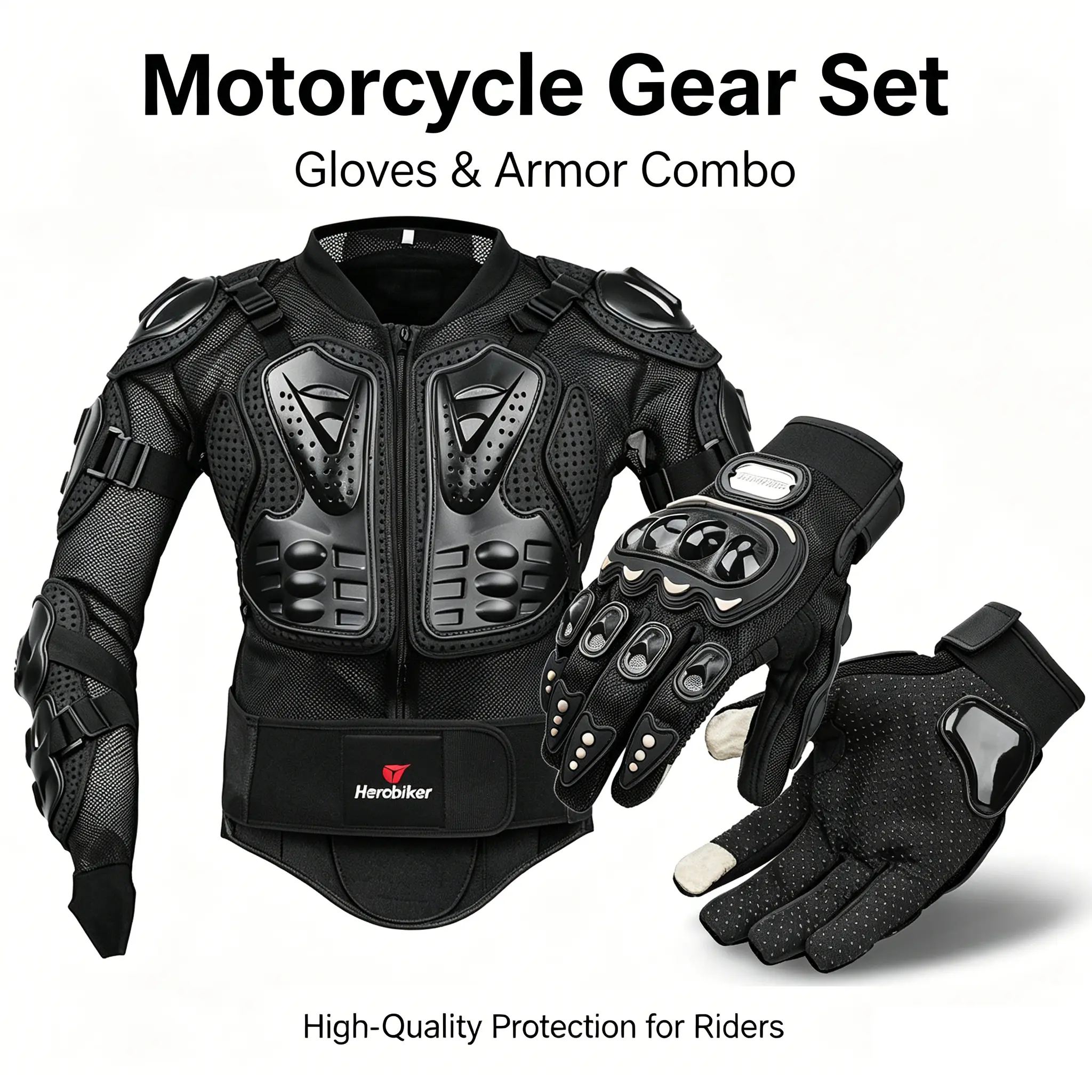 Motorcycle Riding Armor & Gloves Combo - Breathable Mesh Body Protector with Hard Knuckle Gloves for Summer, Dirt Bike, BMX