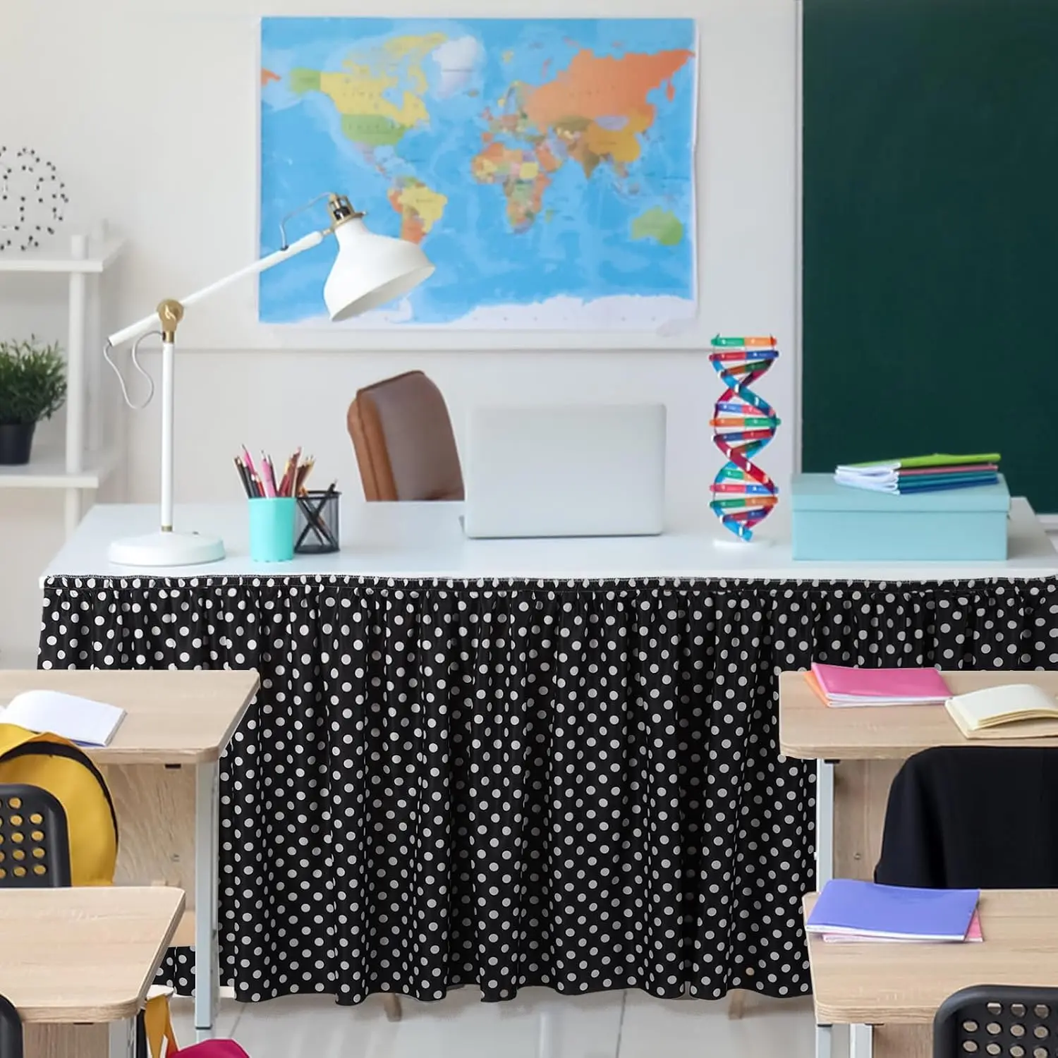 14 ft Smooth Polyester Black and White Polka Dot Rectangle Table Skirt - Wrinkle-Resistant Ruffle Table Cover for Birthday, Baby Shower Decoration, Home & Festive Supplies