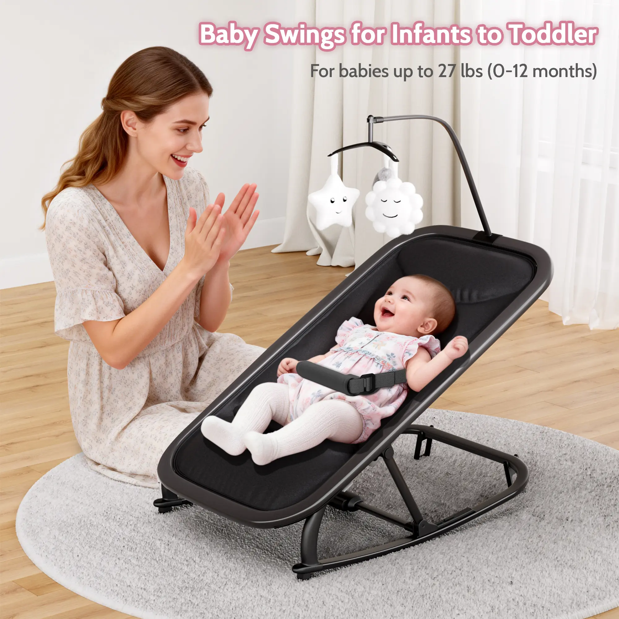 Swings for Infants - Lightweight Aluminum Frame Newborn Swing, Portable Adjustable Rocker with Toy Bar, 3-Position Recline, Front-to-Back Motion & Lock, Indoor Baby Bouncers