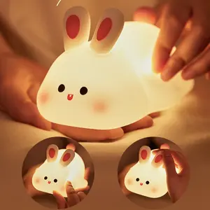 Cute Big Face Rabbit Baby Night Light BPA-Free Silicone Nursery Lamp Touch Control Dimmable Sleep Aid with Timer USB Rechargeable Portable Night Feeding Light for Breastfeeding Moms Multi-Color Eye-Care Kids Room Lamp for Boys Girls Gift