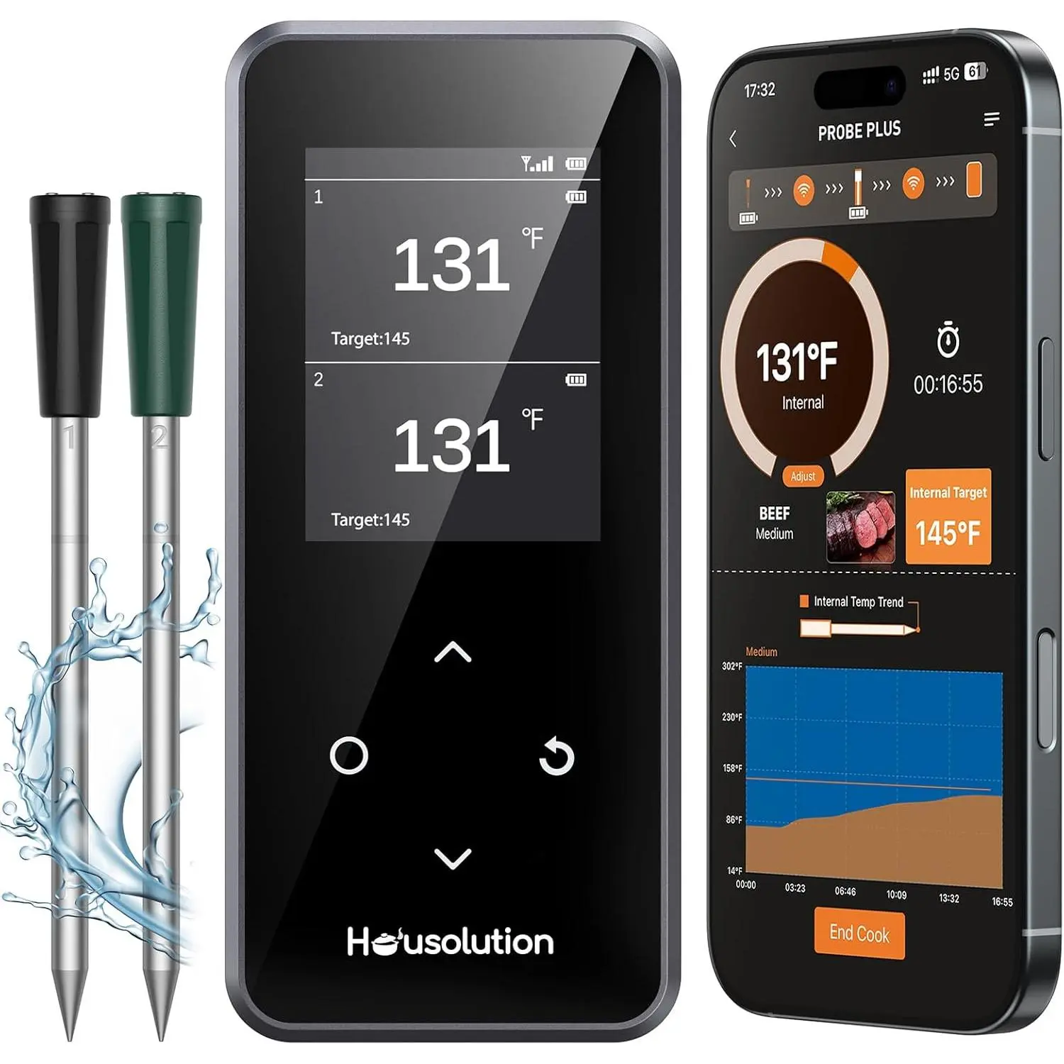 Wireless Bluetooth Meat Thermometer, Smart App & Standalone Base with Control, 2 Ultra-Thin Probe, Remote Connection Range, Digital Food Thermometer for Cooking, Grilling, Smoking, BBQ Kitchen Utensils
