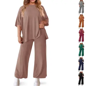 Women's Plus Size Lounge Set, 2-Piece Solid Modal Pajamas with Casual Short Sleeve Side Slit Top and Wide Leg Pants, Nightwear
