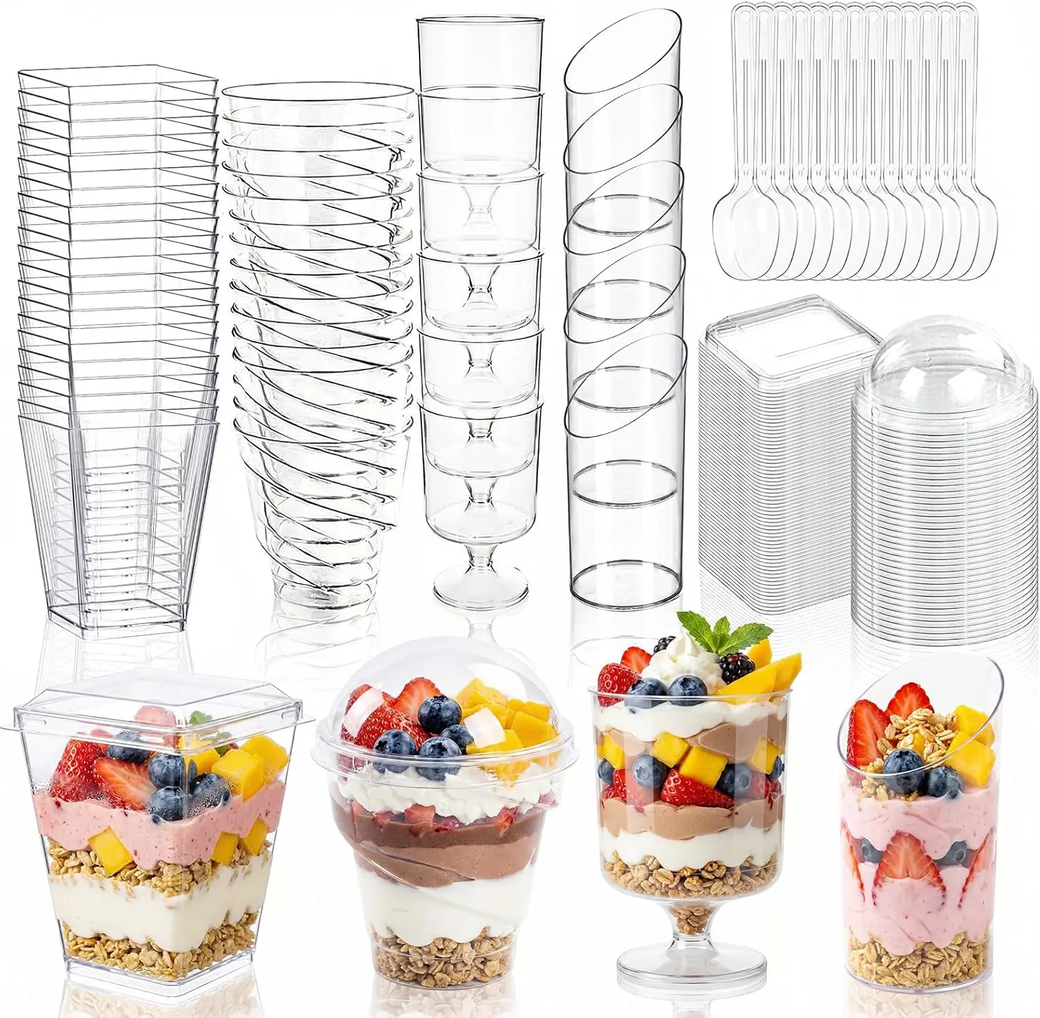 WELLIFE 380-Pack Disposable 5 oz Mini Plastic Parfait Cup Set with Lids and Spoons, for DIY Mousse, Home Baking