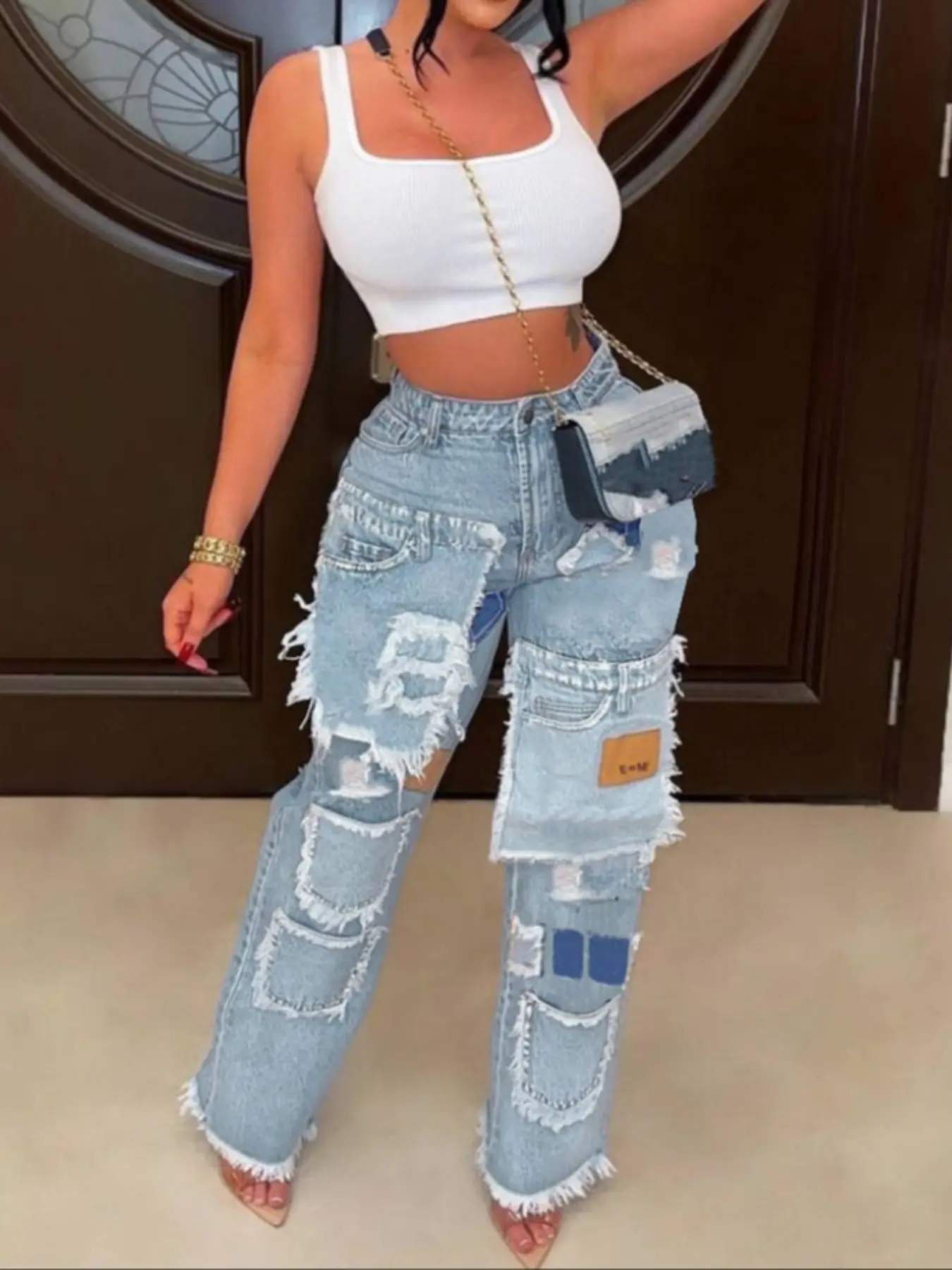 Women's Fashion Loose Straight Leg Multi-Pocket Patchwork Streetwear Pants, Frayed Hem Cargo Jeans, Casual Bohemian Trousers, Casual Long Trousers for Spring & Fall Seasons, Casual Chic Bottoms