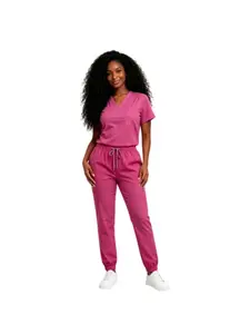 Women Scrub Set Elastic Top & Pants With Multi Pockets Stretch Nurse Beautician Work Uniform Jogger Outfit